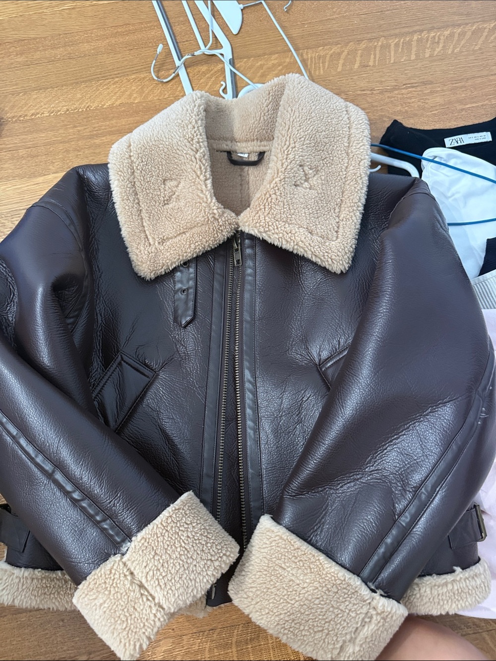 Women's Dark Brown Faux Leather Shearling Jacket with Beige Collar
